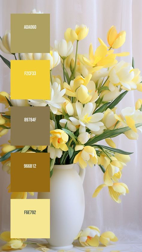 Colors: ADA060 ° F2CF33 ° 89784F ° 966B12 ° F6E792 Wishing you the best of luck as you make something awesome with this palette. Please share and save this if you found it useful!⁣⁣ Earth Tone Color Palette, Yellow And White Flowers, Yellow Palette, Hex Color Palette, Yellow Colour Scheme, Earth Tone Color, Color Palette Yellow, Color Schemes Colour Palettes, Hue Color