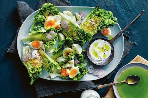 Cos lettuce, egg, chive Chive Recipes, Lettuce Recipe, Classic Cobb Salad, Lettuce Salad Recipes, Lettuce Recipes, Salad Recipes Healthy Easy, Miso Butter, Flat Iron Steak, Crunchy Salad