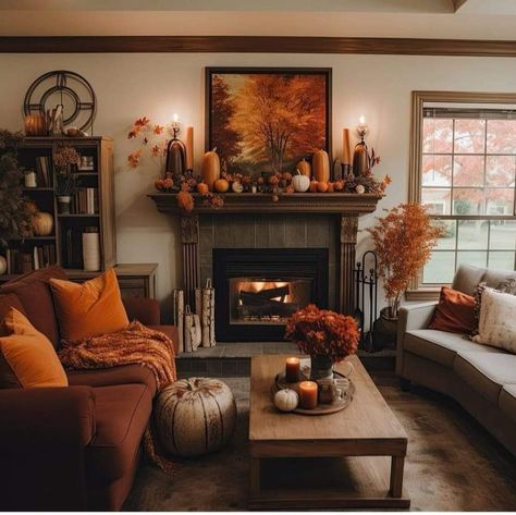 Thanksgiving Decor Living Room, Thanksgiving Living Room, Fall Mums Decor, Fall Living Room Ideas, Salons Cottage, Cozy Fall Living Room, Autumn Living Room, Autumn Room, Brown Rooms