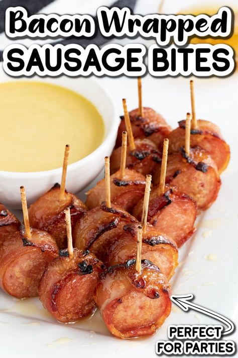 Football Finger Foods, Bacon Wrapped Sausages, Sausage Bites, Bacon Wrapped Appetizers, Bacon Wrapped Smokies, Sausage Appetizers, Honey Mustard Glaze, Fried Goat Cheese, Honey Mustard Dipping Sauce