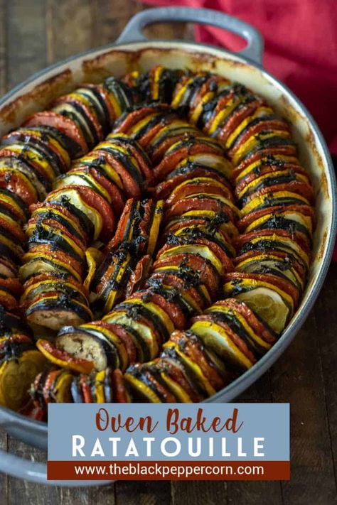 Baked Ratatouille - How to bake in the oven - The Black Peppercorn - This oven baked ratatouille recipe is a classic French Tian side dish. Made with tomatoes, eggplant, green and yellow zucchini, this is a hearty fall meal. Baked Ratatouille Recipe, Baked Ratatouille, Hearty Fall Meal, Carb Sides, Yellow Zucchini, Fall Meal, Ratatouille Recipe, Keto Side, Supper Ideas