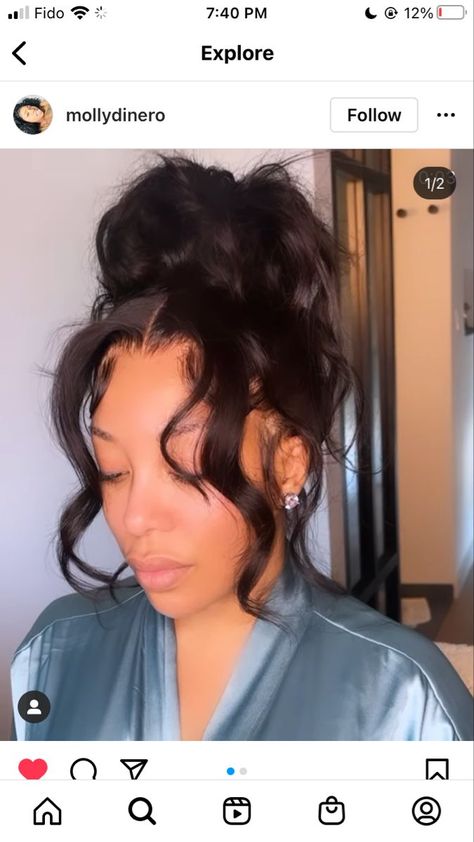 Messy bun with side bangs Hair Ponytail Styles With Bangs, Frontal Ponytail With Two Bangs, Messy Top Knot Bun Black Women, Bun With Side Part Black Women, Messy Weave Bun For Black Women, Bun Updo With Bangs For Black Women, Curly Bun Updo Black, 2 Bangs And Bun Weave, Black Messy Bun Hairstyles