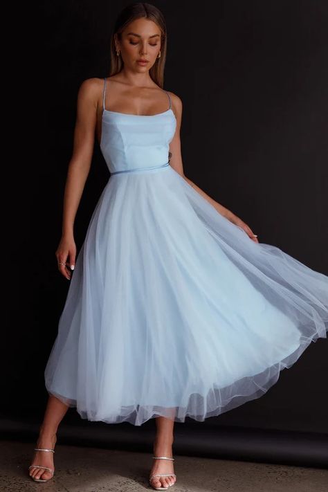 Shop Dresses | Hot Party Dresses | Women's Dresses | Selfie Leslie Light Blue Midi Dress, Princess Vibes, Selfie Leslie, Pleated Neckline, Midi Dress Blue, Mesh Midi Dress, Tulle Sleeves, Light Blue Dresses, Clear Heels