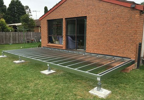 Spantec Steel Floor & Roof Frame Systems; Bearers, Joists, Piers, Bracing Metal Deck Framing, Steel Deck Framing, Easy Deck, Simple Deck, Deck Stain, Simple Backyard, Deck Framing, Metal Deck, Steel Frame House