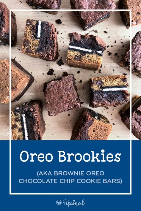 We're in love with these brownie Oreo chocolate chip cookie bars! ♥︎ fikabrodbox.com #sluttybrownies #brownies Chocolate Chip Cookie Oreo Brownie, Oreo Brookies, Brownie Oreo, Oreo Stuffed Chocolate Chip Cookies, Oreo Chocolate, Dark Chocolate Brownies, Oreo Brownies, Chocolate Chip Cookie Bars, Brownie Mix