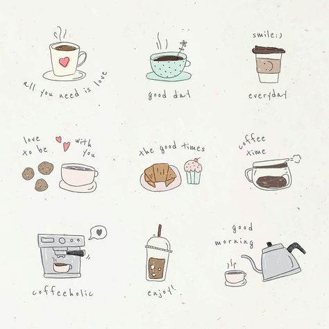 Cute coffee doodle design element vector set | premium image by rawpixel.com / nunny Cafe Doodle Art, Cute Coffee Doodles, Coffee Doodles Simple, Cute Coffee Drawings, Doodle Art Coffee, Coffee Doodle Art, Planner Drawings, Coffee Machine Illustration, Coffee Doodles