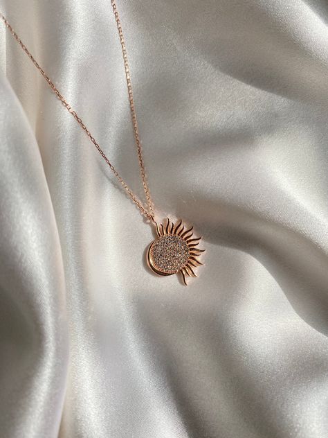 Rose Gold Chain With Pendant, Gold Chain With Moon Pendant, Gold Jewelry With Sun And Moon Design For Gift, Sun Pendant, Elegant Sun And Moon Design Necklace, Pendant Necklace Gold, Sun Necklace, Sun And Moon Gold Pendant, Sun Jewelry