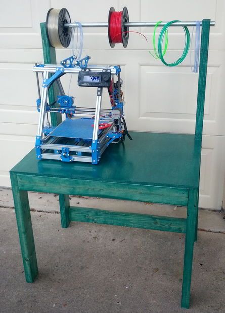 3D printer table with spool holder 3d Printer Spool Holder, Printer Table Ideas, 3d Printer Room, Ikea Tables, Printer Desk, Malm Hack, Printer Table, Printer Storage, Diy 3d Printer