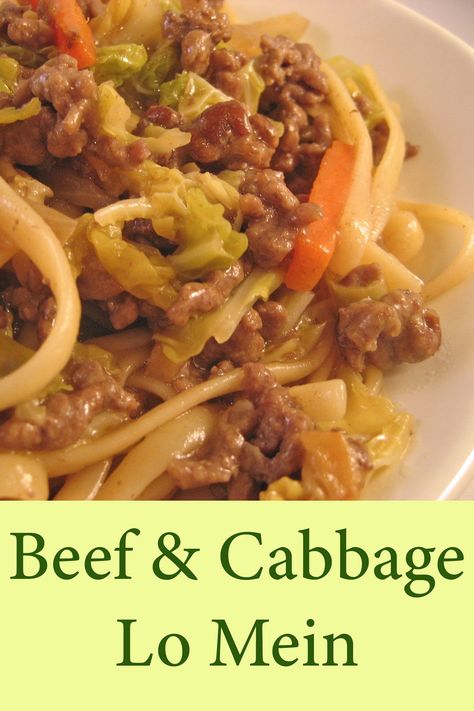 Stir-Fried ground beef and Savoy cabbage with noodles for an easy #MainCourse #BeefLoMein #StirFryGroundBeef #RecipesForTwo Ground Beef Lo Mein Recipe Easy, Ground Beef Chow Mein Casserole, Cabbage Lo Mein, February Dinners, Ground Beef Lo Mein, Cabbage With Noodles, Easy Lo Mein, Beef Lo Mein Recipe, Plating Food Presentation