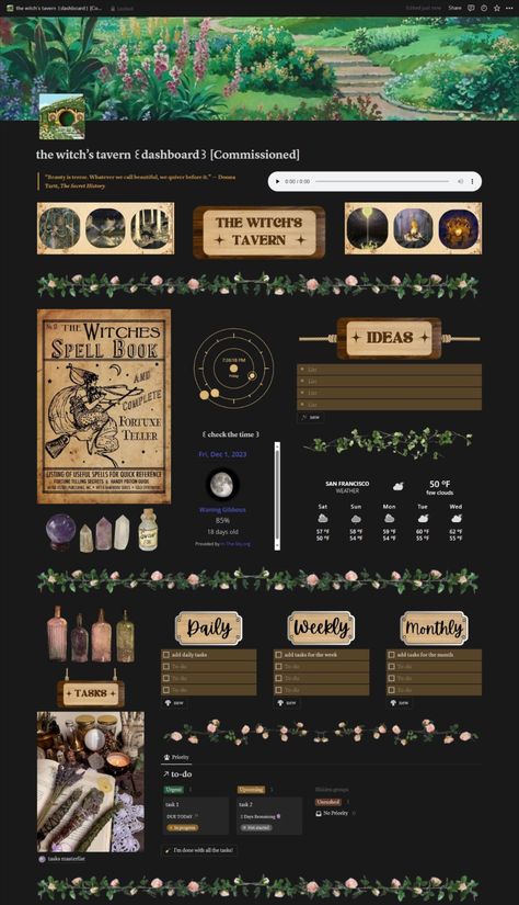 the witch's tavern 🧹🐈‍⬛ commissioned | 1/2 witchcore all-in-one notion dashboard 🔮 Notion Inspiration, Notion Library, Notion Board, Productivity System, Productivity Ideas, Notion Ideas, Notion Inspo, Notion Aesthetic, Notion Dashboard