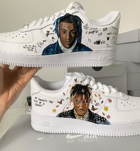 Nike Air Force 1 Custom Juice Wrld, Juice Wrld Shoes, Juice Wrld Nails, Custom Shoes Air Force, Paint Shoes, Shoes Air Force, Customized Shoes, Pretty Sneakers, Custom Painted Shoes