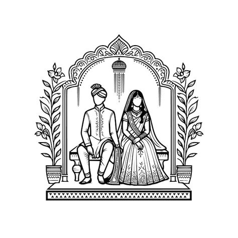 Vector bride and groom getting married i... | Premium Vector #Freepik #vector #bride-groom #wedding-invitation #wedding-logo #indian-couple Wedding Sketch Couple, Wedding Couple Drawing, Indian Wedding Clipart, Bride Mahendi, Wedding Drawings, Bride And Groom Clipart, Bridal Illustration, Couple Illustration Wedding, Bride And Groom Cartoon