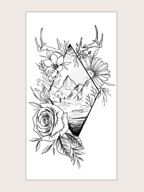 Berg Tattoo, Geometric Mountain Tattoo, Drawing Of Flowers, Floral Antlers, Tattoos Infinity, Western Tattoos, Muster Tattoos, Geometric Mountain, Tattoos Geometric