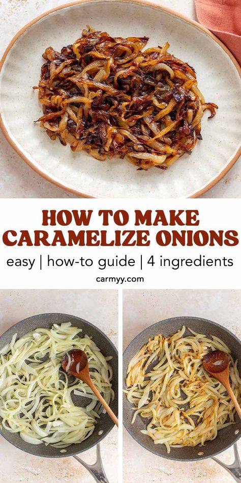 Super easy to make and packed with flavour, caramelized onions are onions that have cooked on the stove low and slow, turning golden and sweet. Types Of Onions, How To Cut Onions, Carmelized Onions, Onion Recipes, Cooking Basics, Vegetarian Paleo, Sweet Onion, Chopped Onions, Caramelized Onions