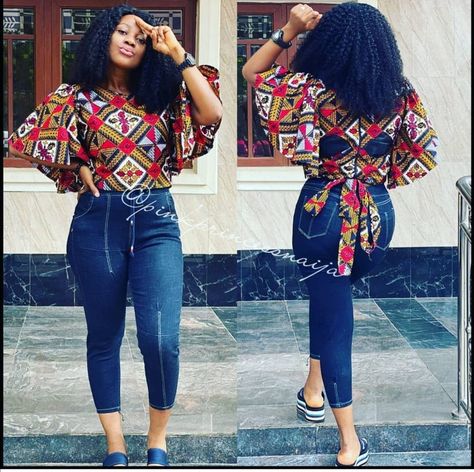 Kente Tops Ankara Styles, Vitenge Design Tops, Peplon Tops Ankara, African Tops For Women With Jeans, Classy Ankara Tops, African Blouses With Jeans, Simple Ankara Tops With Jeans, Simple Ankara Top Styles, Ankara Top Styles For Jeans