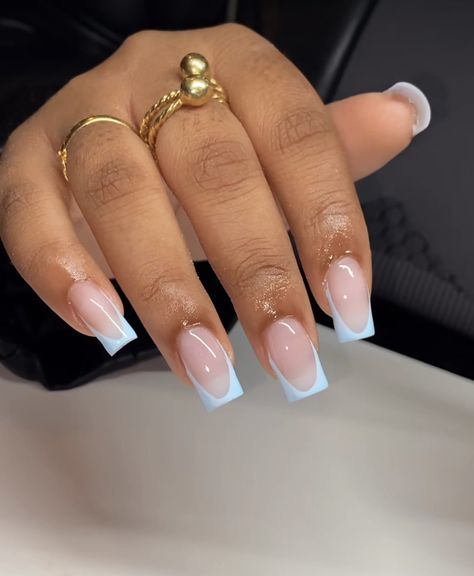 Deep Smile French Nails Square, Short Nails Ideas French Tip Color, Nail Single Color, Short French Tip Acrylic Nails Color, Short V French Nails, Light Blue Nails French Tip, French Tip With Accent Nail, Short Blue French Tip Nails, Sky Blue French Tip