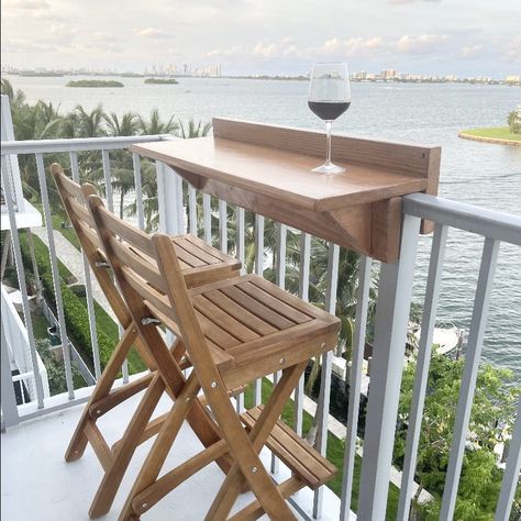 Outdoor Deck Bars, High Top Bar Table Balcony, Floating Deck Sloped Yard, Balcony Railing Bar Table, Patio Railing Bar Top, Small Deck Inspiration, High Top Patio Table Outdoor, How To Decorate A Deck, Small Deck Designs On A Budget