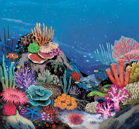 Tropical Coral Reef, Digital Ocean Art, Life Under Water Drawing, Underwater World Drawing, Sea Life Painting Underwater, Marine Plants Illustration, Coral Reef Drawing, Watercolor Coral Reef, Underwater Plants Illustration