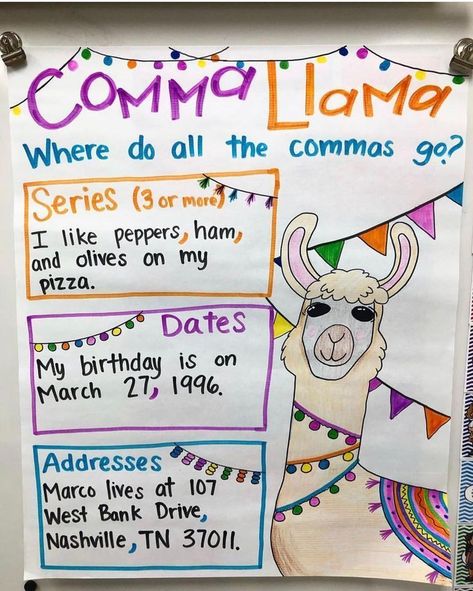 Classroom Ideas! on Instagram: “New anchor chart coming at ya!! My kiddos are always either omitting commas or using them in all the wrong places. Llama llama don’t forget…” #grammar Ela Anchor Charts, 3rd Grade Writing, 2nd Grade Writing, Classroom Anchor Charts, Writing Anchor Charts, 1st Grade Writing, Llama Llama, 4th Grade Writing, First Grade Writing