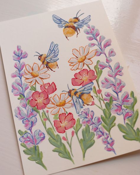 Three little bees 🐝 are on their way to a new home! 📣Mini Original Paintings are available right now for custom order!!! The offer is available until the end of August so grab yours whilst there are still spaces left! #gouachepainting #customart #commissionpainting #flowerpainting #illustration Flowers With Bees Drawing, Cool Art Activities, Bees And Flowers Drawing, Yarn Painting Ideas, Painting Journal Covers, Fun Watercolor Paintings, Paintings For Teachers, Animal Art Easy, Cute Bee Painting