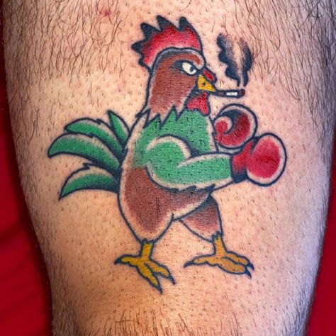 Rooster tattoo Roster Tattoos Traditional, Rooster Leg Tattoo, American Traditional Chicken Tattoo, Chicken Leg Tattoo, Rooster Tattoo Men, Roster Tattoos, Rooster Tattoo For Women, Traditional Rooster Tattoo, Rooster Tattoo Ideas