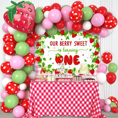 PRICES MAY VARY. Strawberry Party Decor - Decorate your little one's 1st birthday party with this strawberry-themed balloon garland decoration Set. Strawberry birthday decorations kit provides EVERYTHING that you will need to create a beautiful backdrop for your celebration. Value Kit - Package includes one “Our berry sweet is turning one” fabric backdrop banner and one balloon arch kit which consists of 40pcs 12" latex balloons, 35pcs 10"latex balloons, 20pcs 5" latex balloons, 1pcs 25" strawbe Berry First Birthday Party, Berry 1st Birthday, Strawberry Shortcake Birthday, Fest Temaer, Birthday Party Background, Baby Birthday Themes, Berry First Birthday, Strawberry Birthday, First Birthday Party Decorations