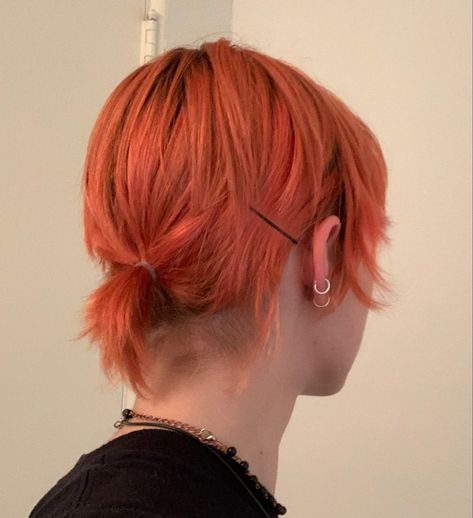 Very Short Ponytail Hairstyles, Very Short Hair Ponytail, Red And Orange Short Hair, Short Haircut Ponytail, Pulled Back Short Hair, Tiny Ponytail Hairstyles, Short Hairstyle Ponytail, Short Ponytail With Bangs, Ginger Undercut