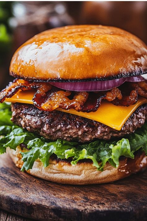 Juicy Bacon-Glazed Wild Burger with crispy bacon, melted cheese, red onions, lettuce, and a glazed bun on a wooden board. Wild Burger, American Wilderness, Venison Burgers, Gourmet Burger, Ground Venison, Classic Sandwich, Venison Recipes, Gourmet Burgers, Maple Bacon