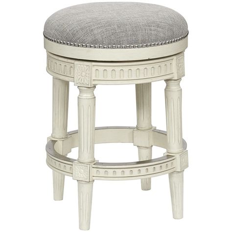 Recreate the experience of a lavish evening out with our Draper backless barstool. Your choice of a distressed walnut or allegro grey finish will complement plush upholstery, luxurious nailhead trim and medallion inlays for elegance paired with casual comfort. This piece also features a 360-degree swivel for exceptional ease of movement.       Available in distressed walnut or allegro grey finish   Distressed walnut barstool is upholstered in vintage brown performance fabric   Allegro g Counter Stools Backless, Alabaster White, Kitchen Seating, Backless Stools, Kitchen Counter Stools, Rustic Bar, Backless Bar Stools, Swivel Counter Stools, Bar Height Stools