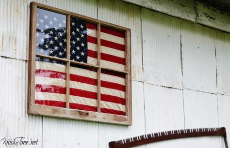 Antique+window+framed+flag+display,+by+Knick+of+Time,+featured+on+Funky+Junk+Interiors Repurpose Windows, Farmhouse Thrift Store Makeovers, Antique Window Frames, Red White Blue Decorations, Old Window Ideas, Backyard Art, Old Window Projects, Recycled Window, Backyard Decorating