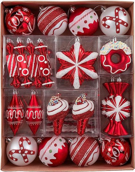 Holiday Party Decor, White Christmas Ornaments, Christmas Ball Ornaments, Candy Ornaments, Red White Christmas, Christmas Balls Decorations, Candy Theme, Christmas Tree Inspiration, Candy Christmas Decorations