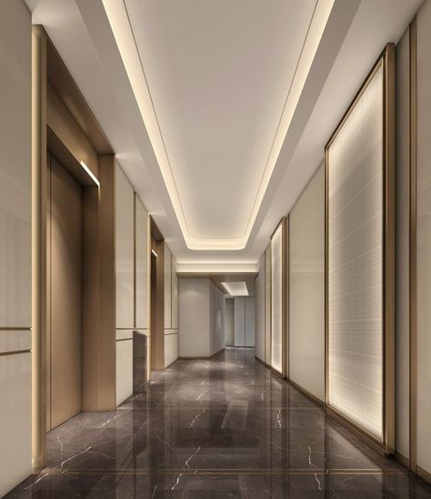 Hotel Corridor Design, Elevator Lobby Design, Dr Office, Lobby Designs, Moon Hotel, Lobby Lighting, Hallway Ceiling, Fall Ceiling, Elevator Lobby