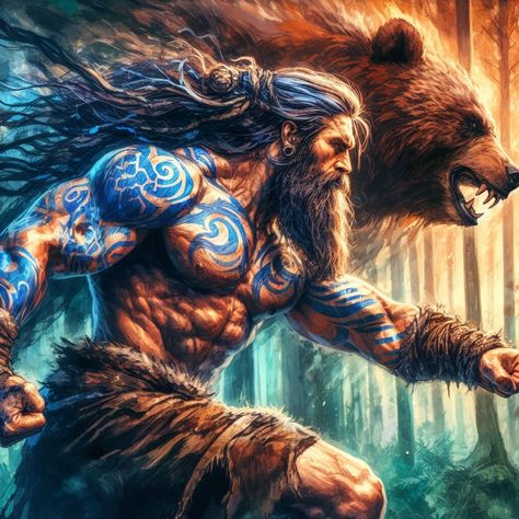 Bear Druid Dnd, Norse Bear Art, Totem Warrior Barbarian, Shaman Aesthetic, Greek God Tattoo, Fantasy Romance Art, Viking Bear, Arte Viking, Viking Character