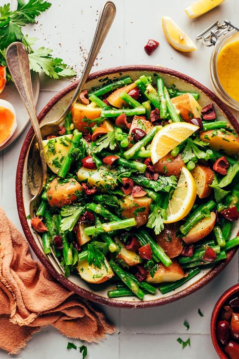 French-inspired green bean potato salad with kalamata olives, fresh herbs, and a zippy mustard vinaigrette. An easy, super satisfying vegetarian side with just 9 ingredients required! Optional jammy eggs make it a light meal. #minimalistbaker #potatoes #greenbeans #salad #sides Potato Green Bean Salad, Salad With Kalamata Olives, Green Bean Potato Salad, Salad Sides, Beautiful Salads, Jammy Eggs, Egg Calories, Mustard Vinaigrette, Beautiful Salad