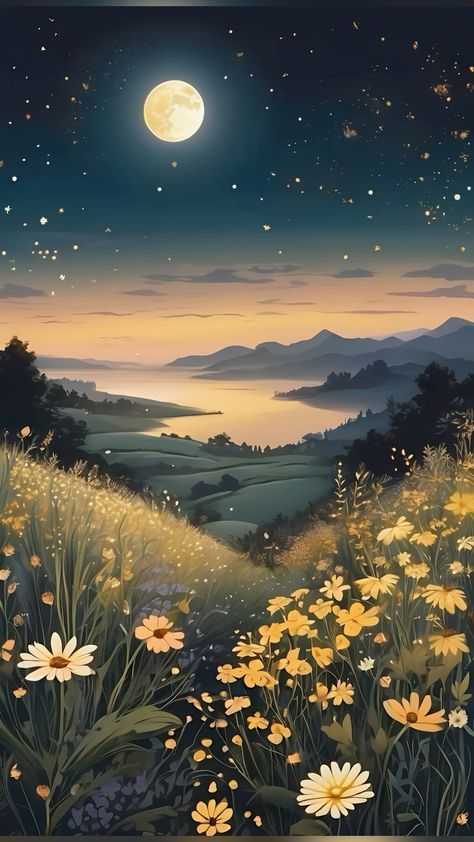 Night Landscape Illustration, Daisy Wallpaper, Dreamy Artwork, Wallpaper Disney, Gorgeous Scenery, Pretty Backgrounds, Night Landscape, Dark Wallpaper Iphone, Beautiful Images Nature