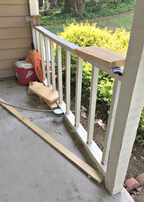 Porch Without Railing, Porch Railing Diy, Porch Banister, Porch Step Railing, Front Porch Railing Ideas, Porch Upgrades, Front Porch Stairs, Porch Handrails, Front Porch Remodel