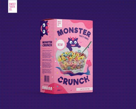 Monster Crunch Cereal Brand and Packaging Design on Behance Snack Box Packaging Design, Cereal Packaging Design Ideas, Cereal Box Packaging Design, Cereal Design Packaging, Cereal Branding, Monster Crunch, Cereal Packaging Design, Healthy Cereal Brands, Snack Box Packaging