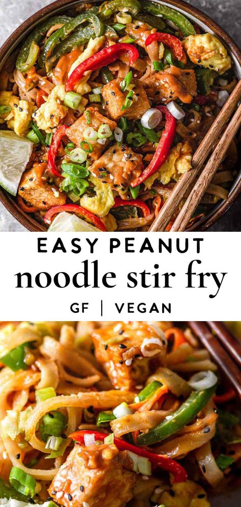 This easy Vegan Peanut Noodle stir fry is a fast and simple go-to weeknight dinner. The slightly chewy rice noodles are coated in a creamy, flavorful savory peanut sauce and loaded up with lots of veggies. Topped off with some crispy air-fried tofu and scrambled vegan Just Egg, these noodles are a winner. Peanut Butter Stir Fry, Vegan Stir Fry Noodles, Vegan Satay, Peanut Sauce Stir Fry, Satay Noodles, Vegan Peanut Sauce, Vegan Noodles Recipes, Peanut Satay, Peanut Sauce Noodles