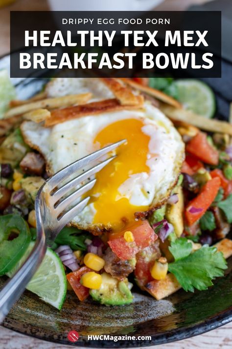 Healthy Tex Mex Breakfast Bowls are a lightened-up but substantial complete cowboy Mexican breakfast with black bean wrangler salsa, bronco-buster turkey sausages, rancher fried eggs and even some crunchy tortillas to top off the entire dish. #HWCMagazine #breakfast #brunch #texmex #easybreakfast #mothersday #breakfastbowl #brunchbowl #mothersdaybrunch #fathersdaybrunch #eggs #salsa #tortillas #mexicanfood #mexicancuisine #cowboybreakfast / https://www.hwcmagazine.com Mexican Breakfast Bowl, Black Bean And Egg Breakfast Burritos, Southwestern Breakfast Bowl, Cowboy Mexican, Egg And Corn Tortilla Breakfast, Breakfast Tacos Corn Tortillas, Tex Mex Breakfast, Tex Mex Breakfast Tacos, Bowls Recipes