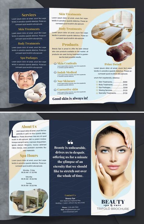 Beauty Spa Trifold Brochure Template InDesign Beauty Clinic Brochure Design, Beauty Clinic Brochure, Pmu Marketing, Menus Design, Beauty Brochures, Spa Brochure, Brochure Sample, Catalog Design Layout, Brochure Design Creative