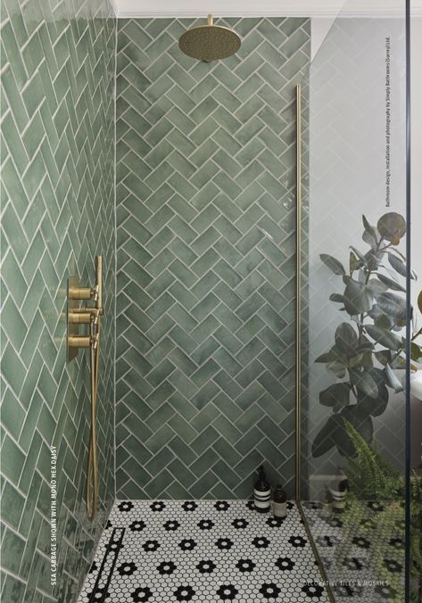 Sea Green Tiles For Bathroom, Green Ceramic Tile Bathroom, Green And White Tiles Bathroom, Green Wall Tiles Bathroom, Green Shower Tile Bathroom, Colourful Bathroom Tiles, Light Green Tile Bathroom, Jade Green Bathroom, Dark Green Tile Bathroom