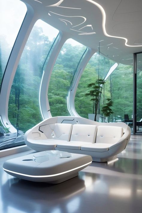 Step into a world where modern design blends with lush forests, offering smart living and breathtaking views. 🏡🍃 #FuturisticHome #NatureInspired #SmartLiving Futuristic Forest, Futuristic Architecture Interior, Futuristic Sofa, Futuristic Living Room, Forest Home, Luxury Sofa Design, House Interior Design Styles, Futuristic Home, Duplex House Design