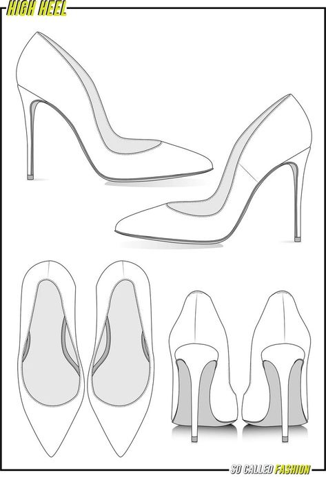 High Heels Sketch Shoe Designs, High Heel Template, Back Of Heels Drawing, Shoes Drawing Reference High Heels, Heels Illustration Sketches, High Heels Drawing Angles, Heels Fashion Illustration, Heels Design Drawing, Heels Technical Drawing