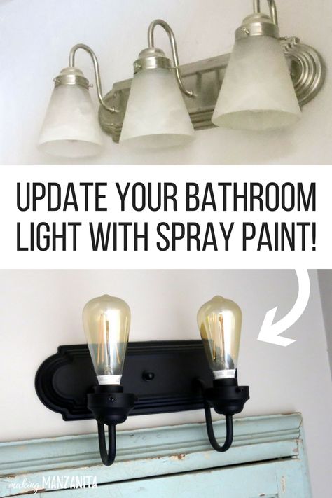 How to give your builder grade vanity light farmhouse style for just $20 | Builders grade vanity light | Updating old bathroom lights | Update your bathroom light with spray paint | Builder's grade vanity light makeover | Quick and easy vanity light update | DIY Bathroom Vanity light | Farmhouse style bathroom light | Farmhouse bathroom | You don't need a new light, you can update your boring builder grade vanity light with spray paint! Lighting Makeover, Old Bathrooms, Diy Bathroom Vanity, Old Bathroom, Bathroom Farmhouse Style, Builder Grade, Bathroom Plumbing, Bathroom Light, Trendy Bathroom