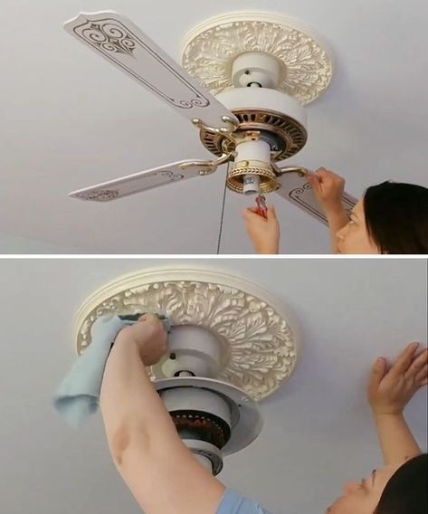 We had an old, out-dated ceiling fan in one of our bedrooms and I wanted(needed) to give it a new look. We could have gone out and bought a new fixture, but I thought it would be more fun and less expensive if I gave it an upgrade. With a little paint and elbow grease, I managed to turn this out-dated ceiling fan into something a bit more modern.    This is the original look - cream colors on the fan and base with shiny brass and gold details on the fan blades.     The first step was… Flowers From Ceiling Fan, Refurbished Ceiling Fan, Ceiling Fan Globe Alternatives, Change Ceiling Fan Light Fixture, Ceiling Fan Covers Diy, Add Chandelier To Ceiling Fan Diy, Old Ceiling Fan Makeover, Update Old Ceiling Fan, Ceiling Fan Makeover Diy Ideas