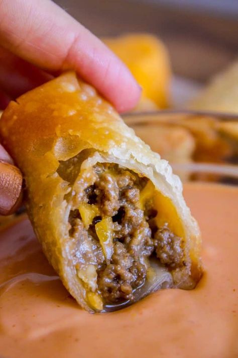 Cheeseburger Egg Rolls Recipe, Cheeseburger Egg Rolls, Egg Rolls Recipe, Homemade Egg Rolls, Yummy Fries, The Food Charlatan, Food Charlatan, Egg Roll Wrappers, Egg Roll Recipes