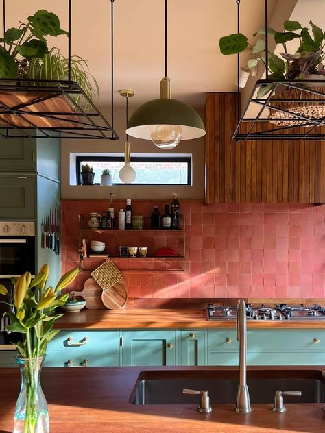 Peach And Black Kitchen, White Kitchen Colored Backsplash, Pink Tiled Kitchen, Coral And Green Kitchen, Kitchen Backsplash Color, Green Tiled Kitchen, Tiled Cabinet, Colorful Backsplash Kitchen, Bold Kitchen Backsplash