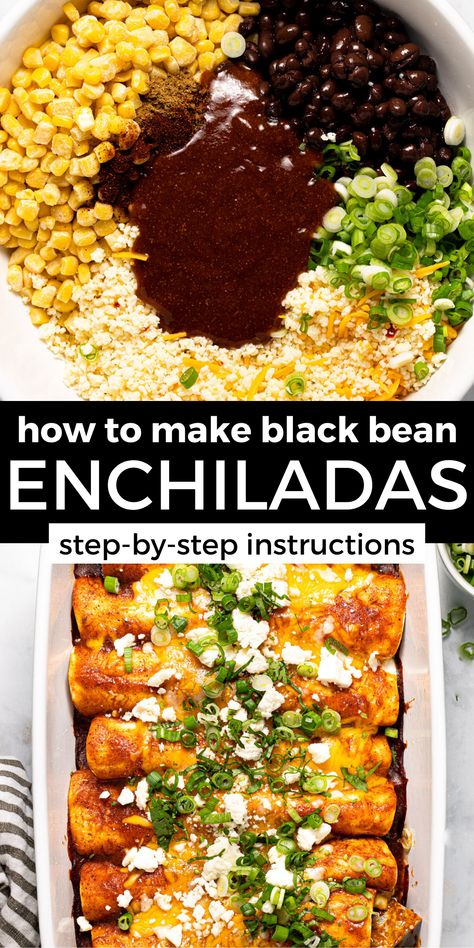 These Black Bean Enchiladas are loaded with protein, fiber, and fresh flavors! This is the easiest enchilada recipe you’ll find on the internet. Combine the filling ingredients, roll enchiladas, and bake! Your family won't even miss the meat, I promise. Black Beans Enchiladas, Black Bean And Rice Enchiladas, Black Bean Corn Enchiladas, Black Bean Enchiladas Vegetarian, Meatless Enchiladas Recipes, High Protein Vegetarian Enchiladas, Black Bean And Corn Enchiladas, Plant Based Enchiladas, Bean Protein Recipes