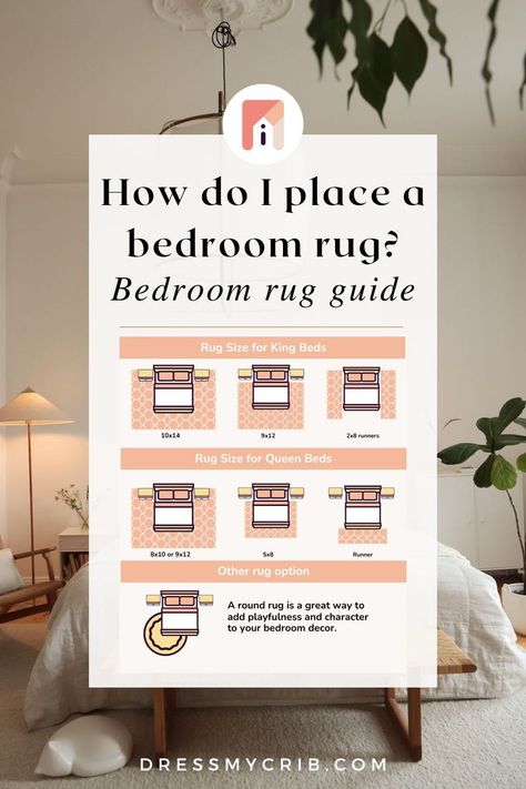 This Bedroom Rug Size Guide for King Bed and Queen Bed will help you find narrow down your rug size and placement. The guide includes tips for bedroom rug sizes queen bed, bedroom rug sizes king beds and bedroom rug size full bed. Use this guide to choose the best bedroom rug size and bedroom rug placement for your room! Additionally, virtually preview any rug in your room with our free rug visualization tool. Bedroom Rug King Bed, Rug Under Bed Placement, Bedroom Mats Rugs, Rug Size King Bed, Rug Size For Queen Bed, Neutral Bedrooms With Pop Of Color, Rug Sizing Guide, Rug Size For King Bed, Bedroom Rugs Under Bed