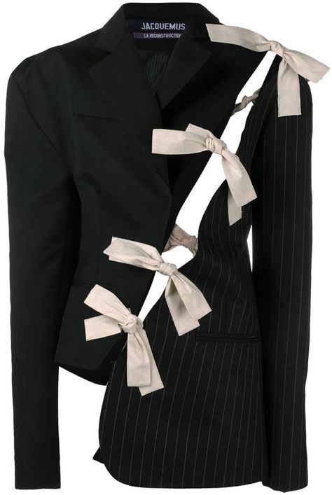 #Jacquemus bow detail deconstructed #blazer Goth Corporate, Deconstructed Blazer, Deconstruction Fashion, Pinstripe Jacket, Pinstripe Blazer, Embellished Jacket, Long Sleeve Jacket, Jacket Long, Long Sleeve Blazers